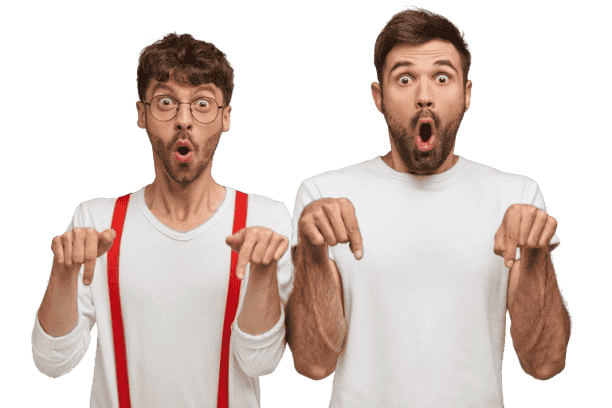 Excited men pointing down